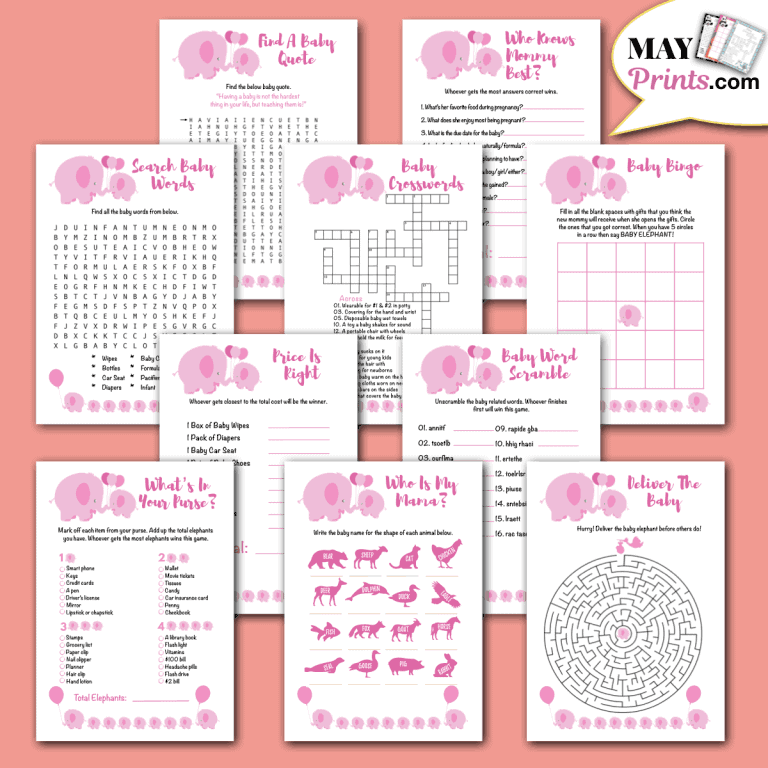 Pink Elephant Baby Shower Games - 10 Printable Games In A5, A4 & US