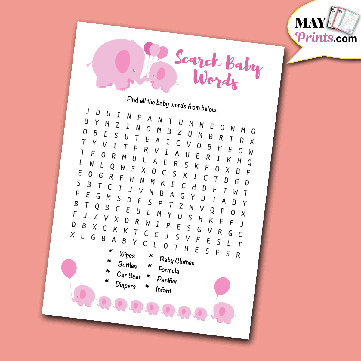 Pink Elephant Baby Shower Games 10 Printable Games In A5 A4 US