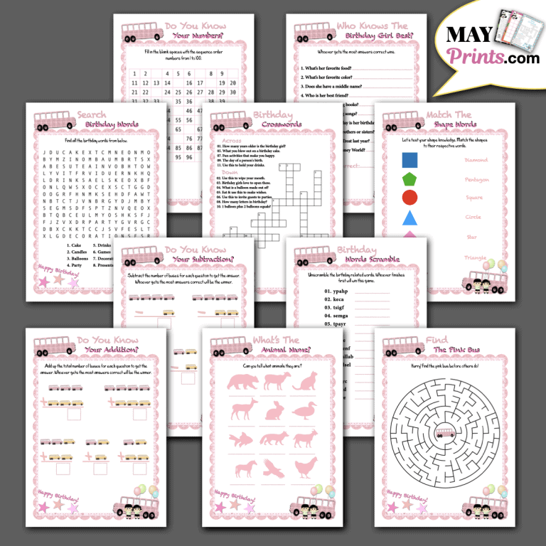 Printable School Bus Birthday Party Games In Pink